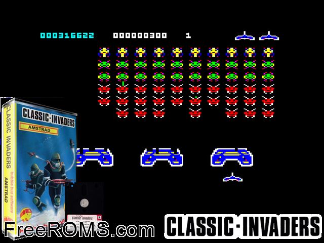 Classic Invaders (UK) (1986) [a1] Amstrad CPC game showing 3D box cover and gameplay screenshot